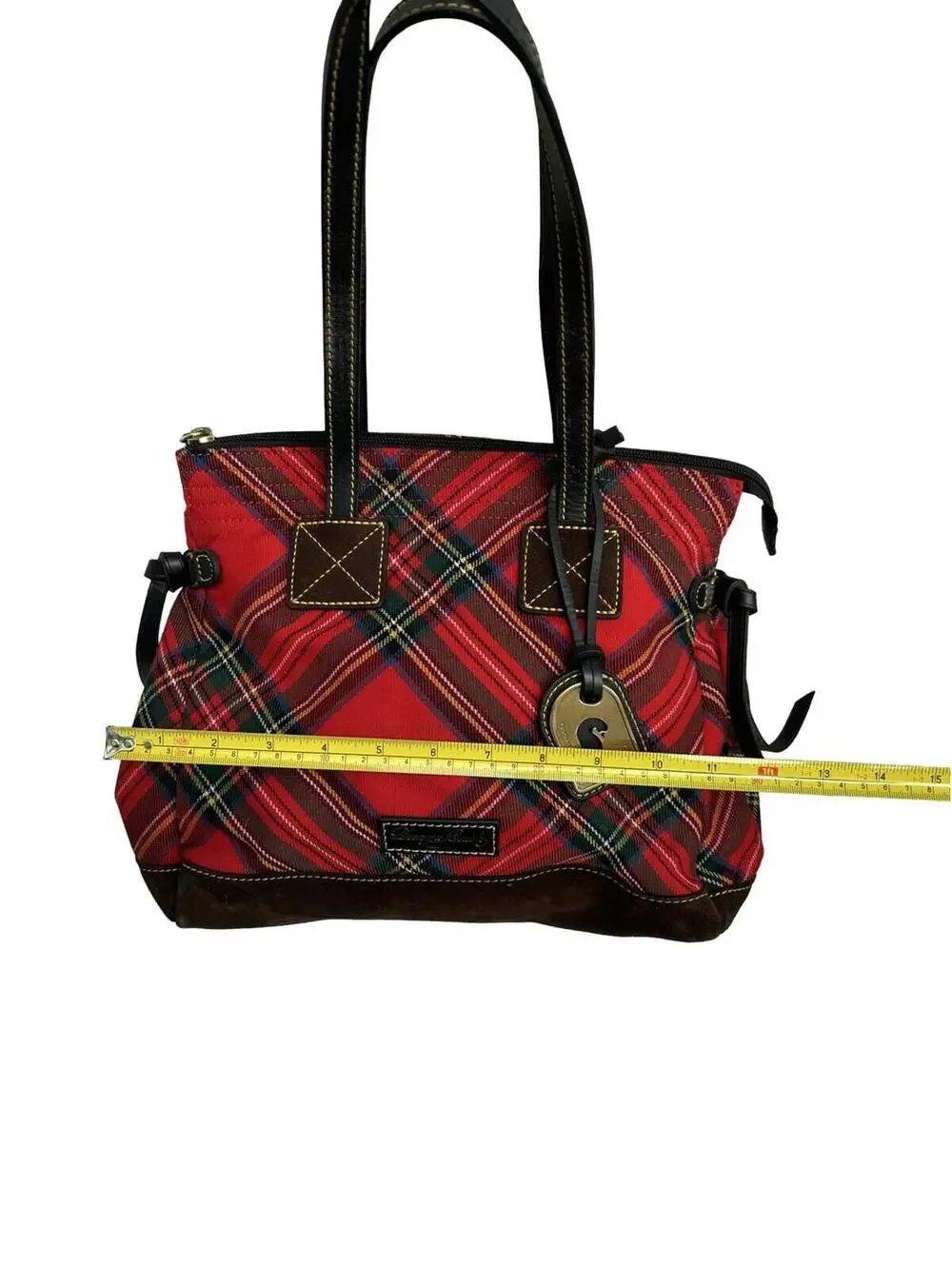 Dooney & Bourke Red Tartan Plaid Tote Bag Leather Trim Brass Duck Charm Large - Picture 9 of 10
